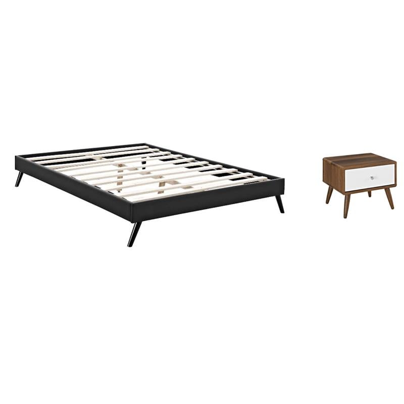 Pemberly Row Set of 2 Queen Bed Frame in Black and Nightstand in Walnut/White