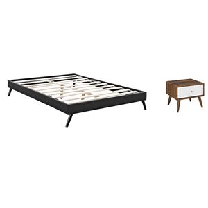 Pemberly Row Set of 2 Queen Bed Frame in Black and Nightstand in Walnut/White