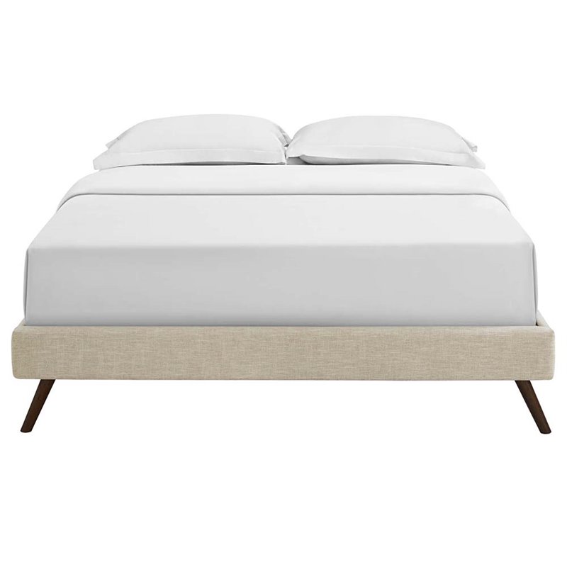 Pemberly Row Set of 2 Queen Bed Frame in Beige and Nightstand in Walnut/White