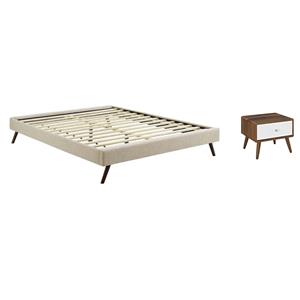 Pemberly Row Set of 2 Queen Bed Frame in Beige and Nightstand in Walnut/White