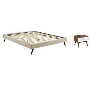 Pemberly Row Set of 2 Full Bed Frame in Beige and Nightstand in Walnut/White