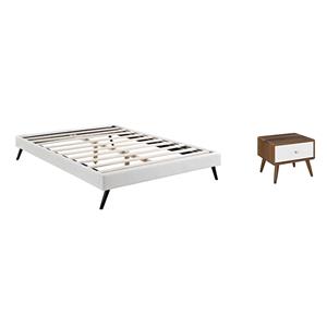 Pemberly Row Set of 2 Queen Bed Frame in White and Nightstand in Walnut/White