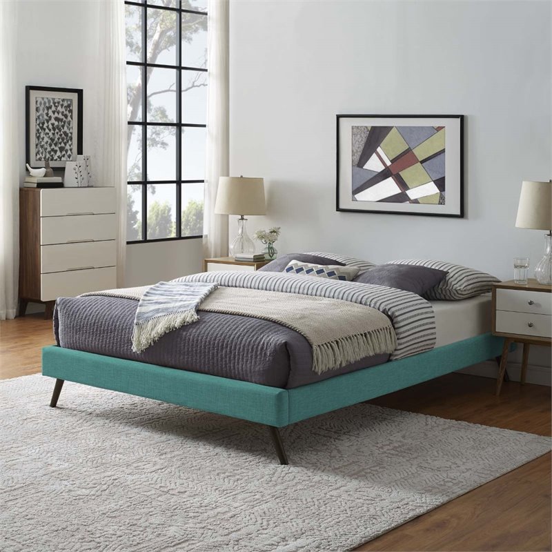 Pemberly Row Set of 2 Queen Bed Frame in Teal and Nightstand in Walnut/White
