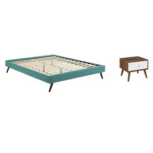 Pemberly Row Set of 2 Queen Bed Frame in Teal and Nightstand in Walnut/White