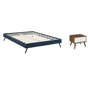 Pemberly Row Set of 2 Full Bed Frame in Azure and Nightstand in Walnut/White