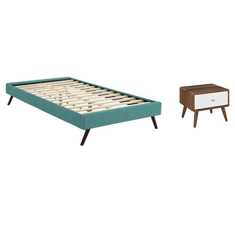 Pemberly Row Set of 2 Twin Bed Frame in Teal and Nightstand in Walnut/White