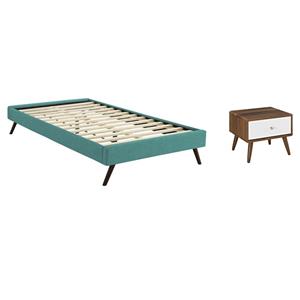 Pemberly Row Set of 2 Twin Bed Frame in Teal and Nightstand in Walnut/White