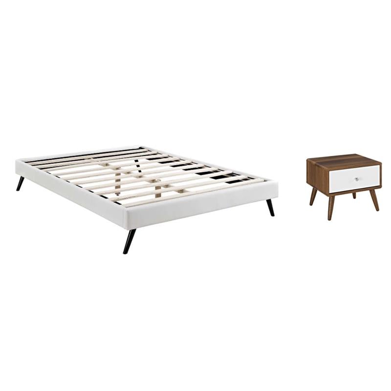 Pemberly Row Set of 2 King Bed Frame in White and Nightstand in Walnut/White