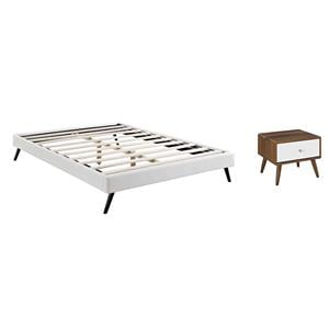 Pemberly Row Set of 2 King Bed Frame in White and Nightstand in Walnut/White