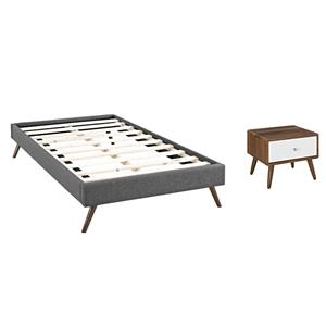 Pemberly Row Set of 2 Twin Bed Frame in Gray and Nightstand in Walnut/White