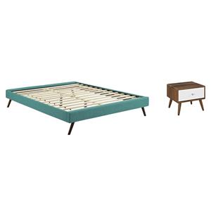 Pemberly Row Set of 2 Full Bed Frame in Teal and Nightstand in Walnut/White