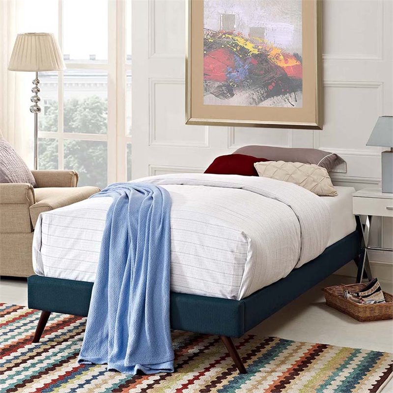 Pemberly Row Set of 2 Twin Bed Frame in Azure and Nightstand in Walnut/White