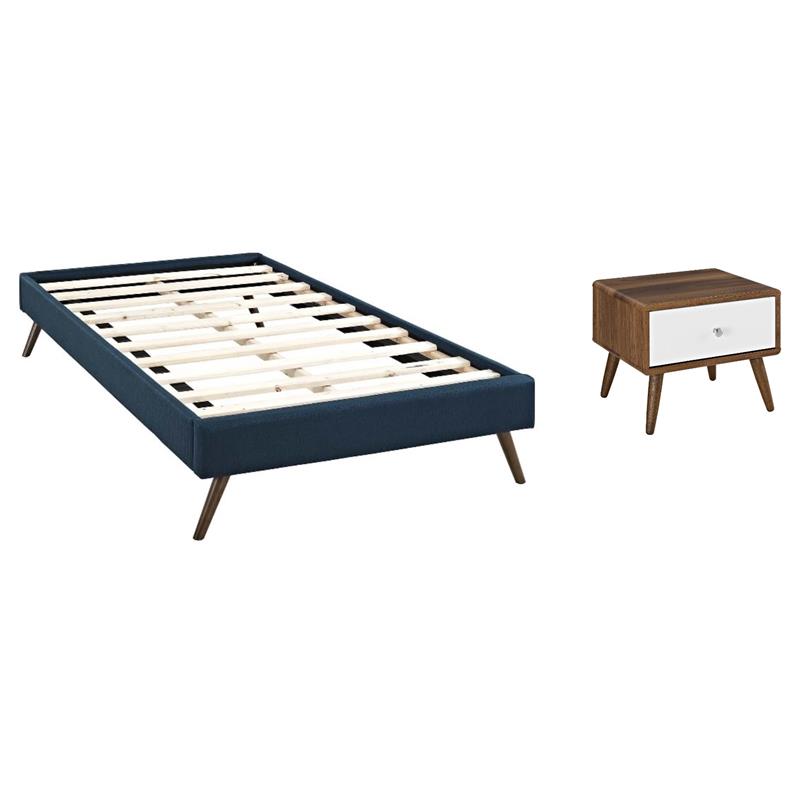 Pemberly Row Set of 2 Twin Bed Frame in Azure and Nightstand in Walnut/White