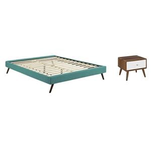 Pemberly Row Set of 2 King Bed Frame in Teal and Nightstand in Walnut/White