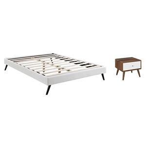 Pemberly Row Set of 2 Full Bed Frame in White and Nightstand in Walnut/White