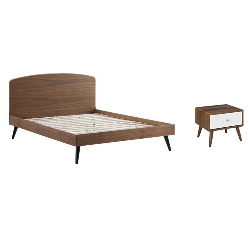 Pemberly Row Set of 2 Queen Platform Bed in Walnut & Nightstand in Walnut/White