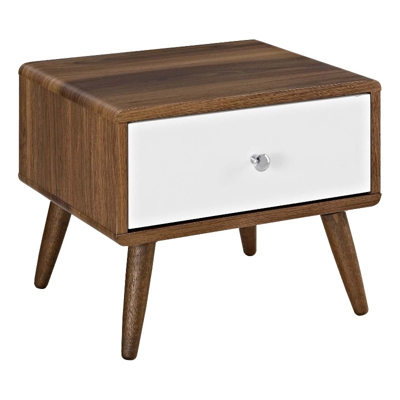 Pemberly Row Set of 2 Full Modern Bed in Gray and Nightstand in Walnut/White