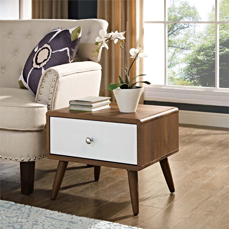 Pemberly Row Set of 2 Full Modern Bed in Gray and Nightstand in Walnut/White