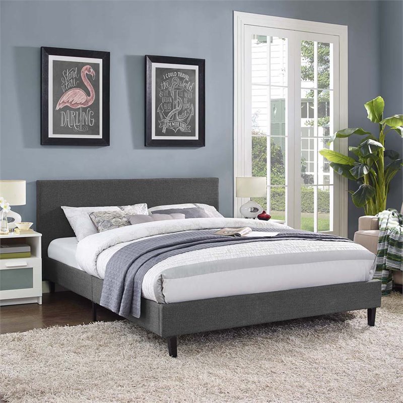 Pemberly Row Set of 2 Full Modern Bed in Gray and Nightstand in Walnut/White