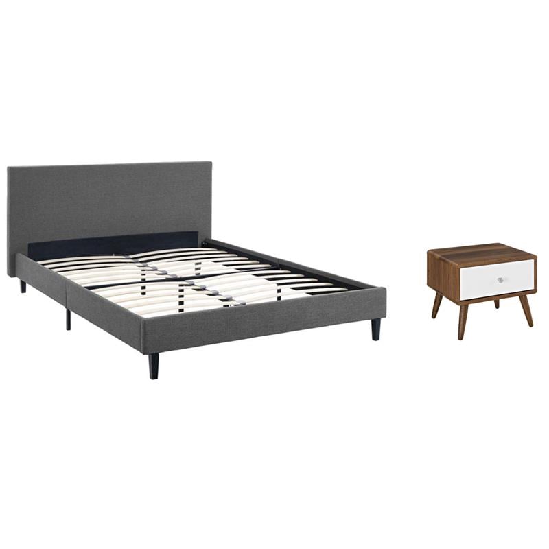 Pemberly Row Set of 2 Full Modern Bed in Gray and Nightstand in Walnut/White