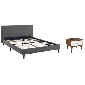 Pemberly Row Set of 2 Full Modern Bed in Gray and Nightstand in Walnut/White