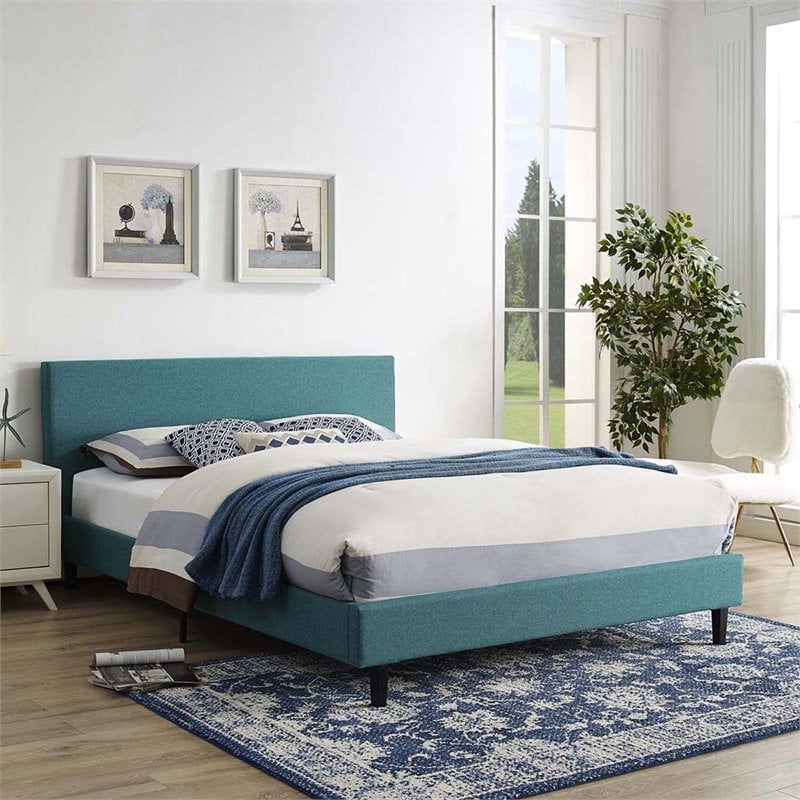 Pemberly Row Set of 2 Full Bed in Teal Blue and Nightstand in Walnut/White