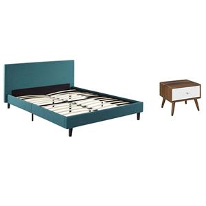 Pemberly Row Set of 2 Full Bed in Teal Blue and Nightstand in Walnut/White