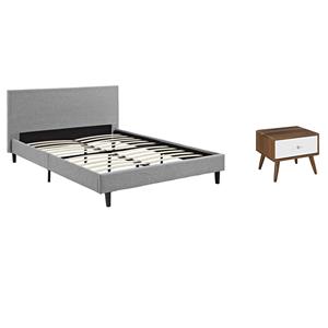 Pemberly Row Set of 2 Queen Bed in Light Gray and Nightstand in Walnut/White