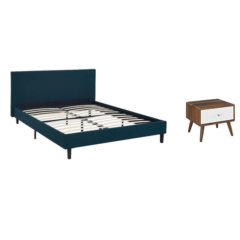 Pemberly Row Set of 2 Full Bed in Azure Blue and Nightstand in Walnut/White