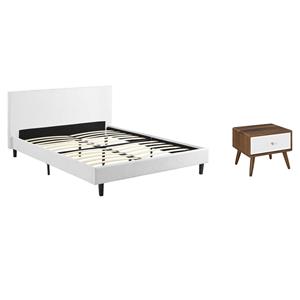 Pemberly Row Set of 2 Full Modern Bed in White and Nightstand in Walnut/White