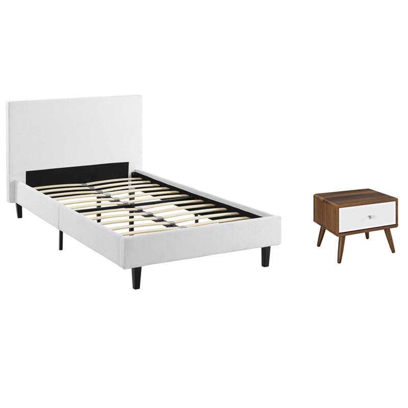 Pemberly Row Set of 2 Twin Modern Bed in White and Nightstand in Walnut/White