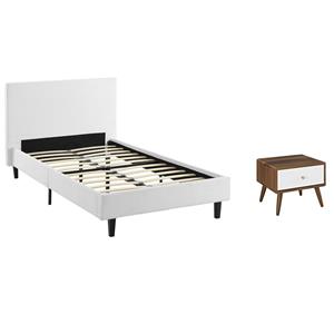 Pemberly Row Set of 2 Twin Modern Bed in White and Nightstand in Walnut/White