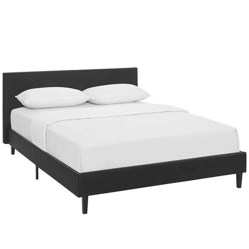 Pemberly Row Set of 2 Modern Full Bed in Black and Nightstand in Walnut/White
