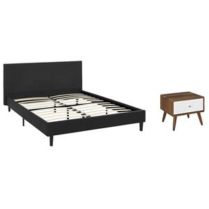 Pemberly Row Set of 2 Modern Full Bed in Black and Nightstand in Walnut/White