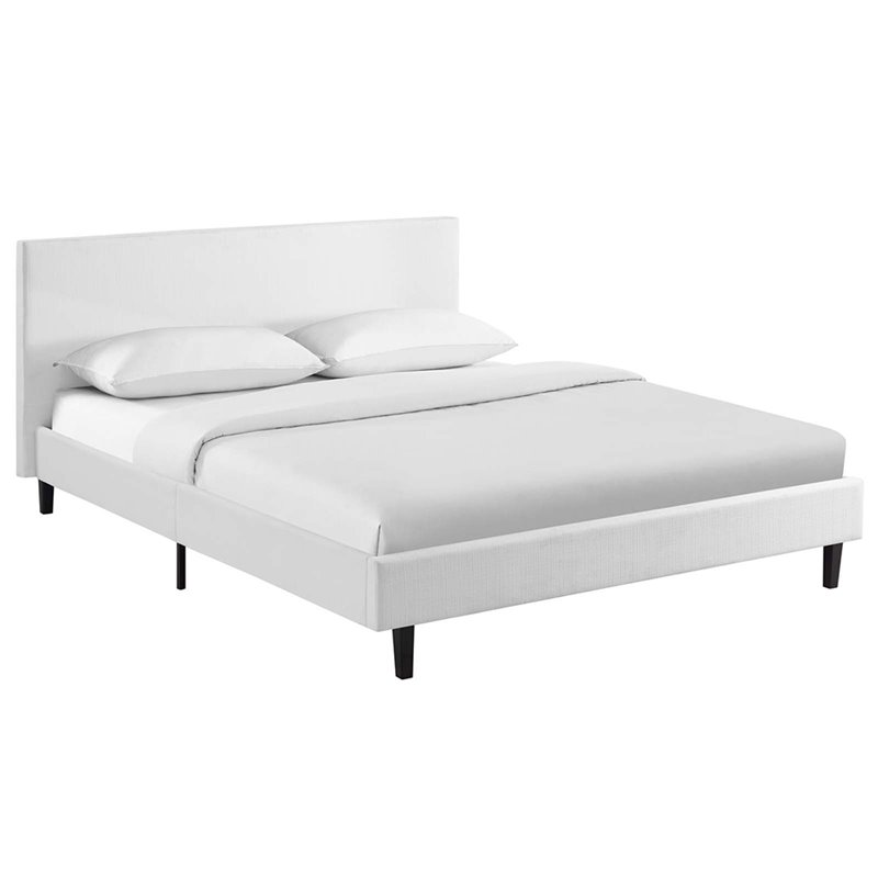 Pemberly Row Set of 2 Queen Modern Bed in White and Nightstand in Walnut/White