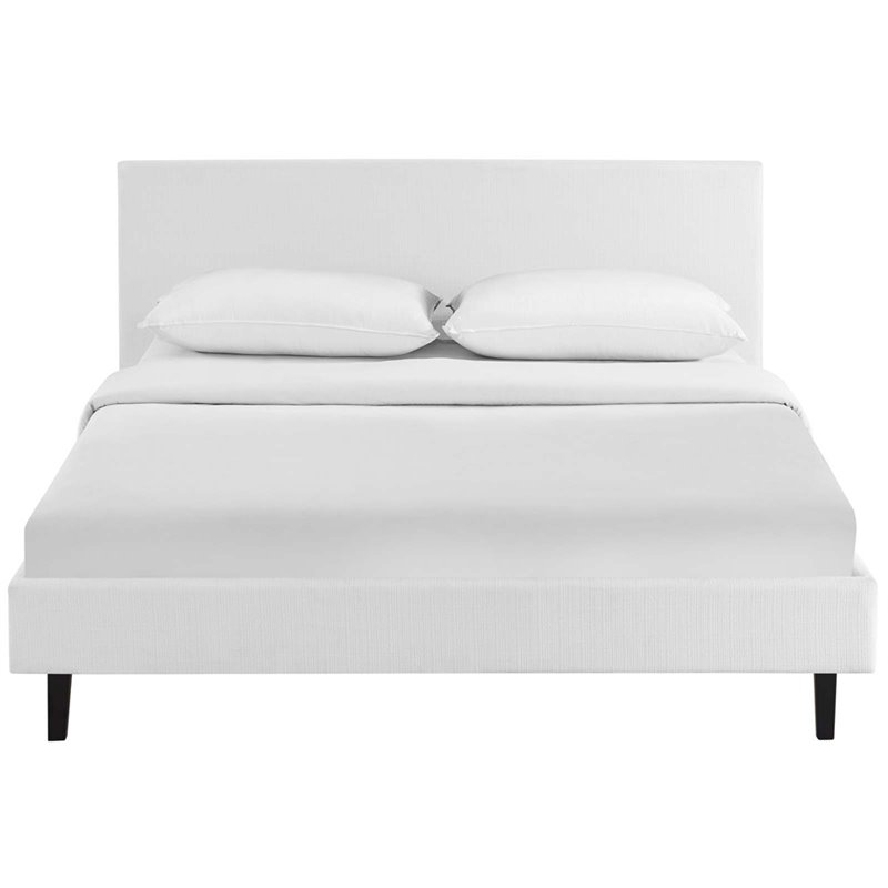 Pemberly Row Set of 2 Queen Modern Bed in White and Nightstand in Walnut/White