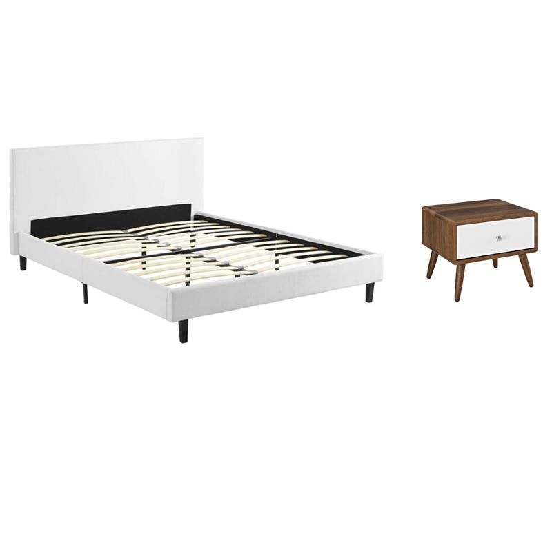 Pemberly Row Set of 2 Queen Modern Bed in White and Nightstand in Walnut/White