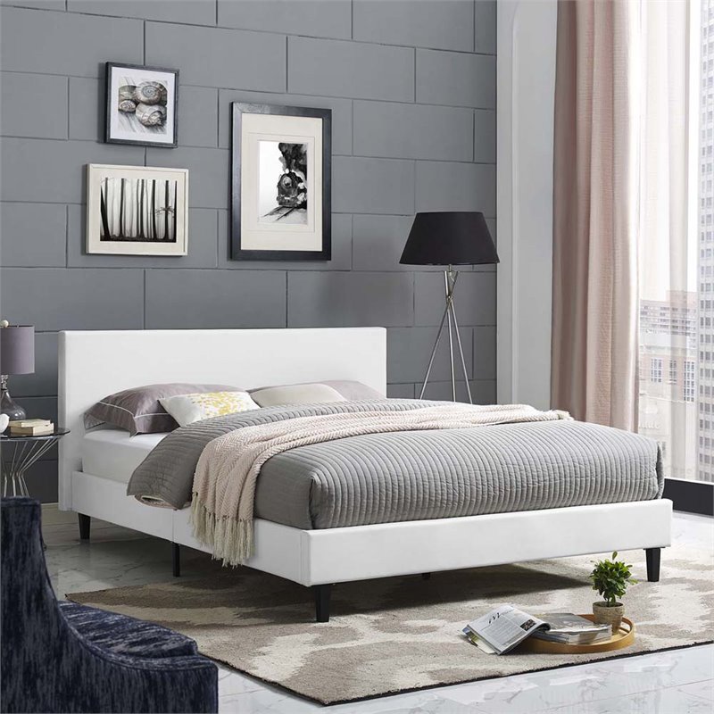 Pemberly Row Set of 2 Modern Full Bed in White and Nightstand in Walnut/White