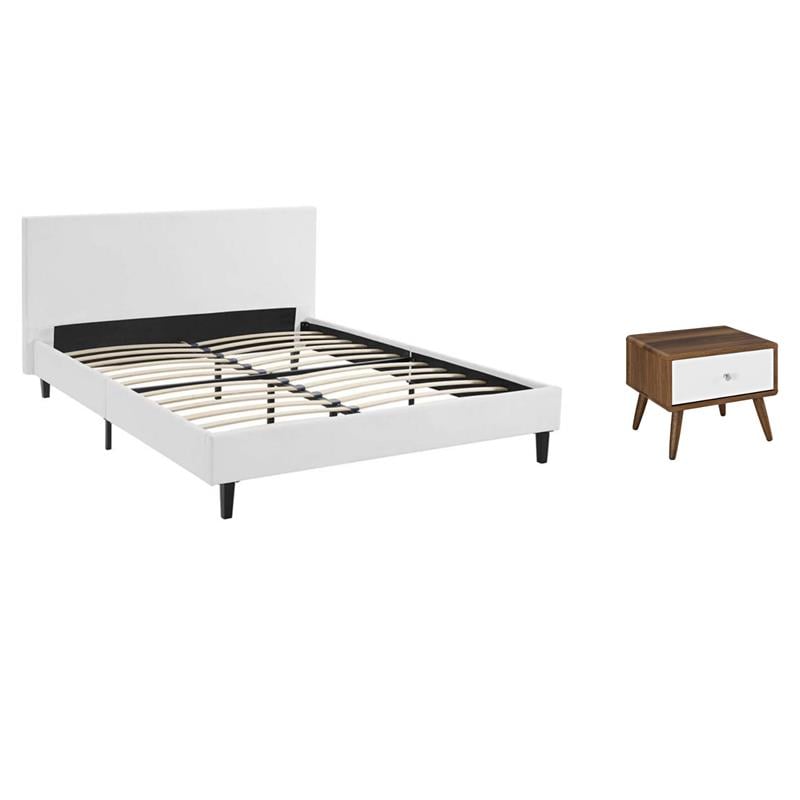 Pemberly Row Set of 2 Modern Full Bed in White and Nightstand in Walnut/White