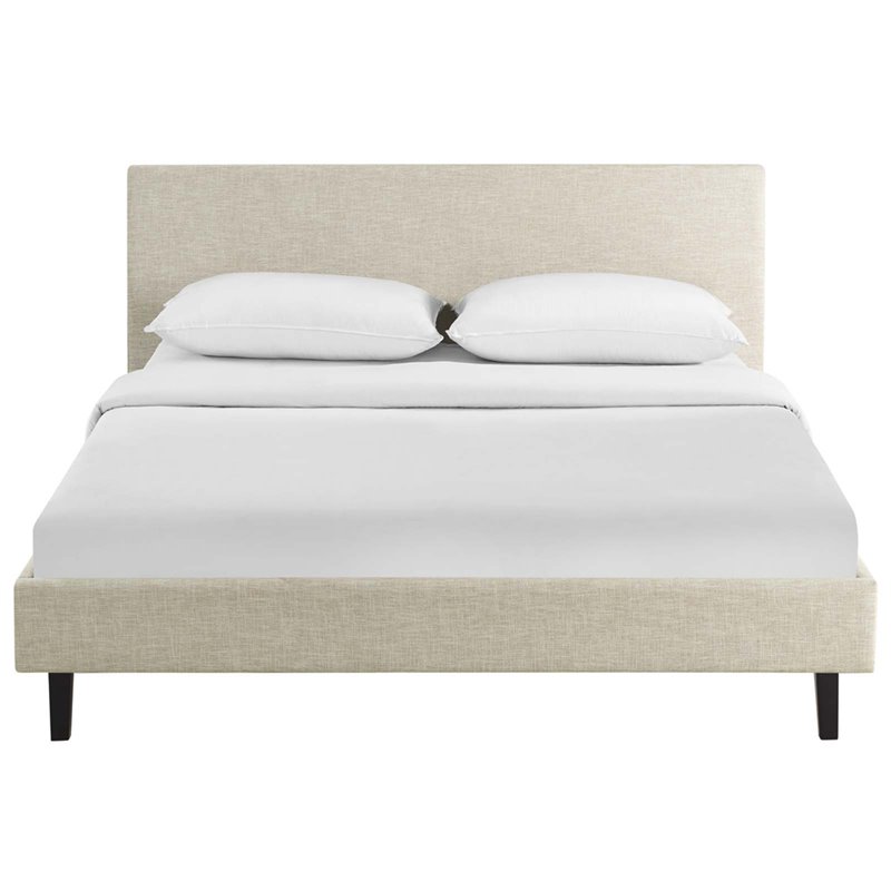 Pemberly Row Set of 2 Queen Modern Bed in Beige and Nightstand in Walnut/White