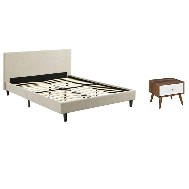 Pemberly Row Set of 2 Queen Modern Bed in Beige and Nightstand in Walnut/White