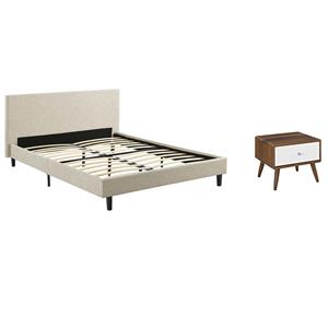 Pemberly Row Set of 2 Full Modern Bed in Beige and Nightstand in Walnut/White