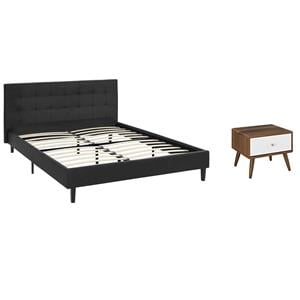 Pemberly Row Set of 2 Full Bed in Black and Nightstand in Walnut/White