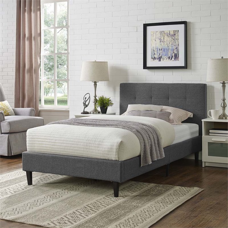 Pemberly Row Set of 2 Gray Twin Platform Bed and Nightstand in Walnut/White