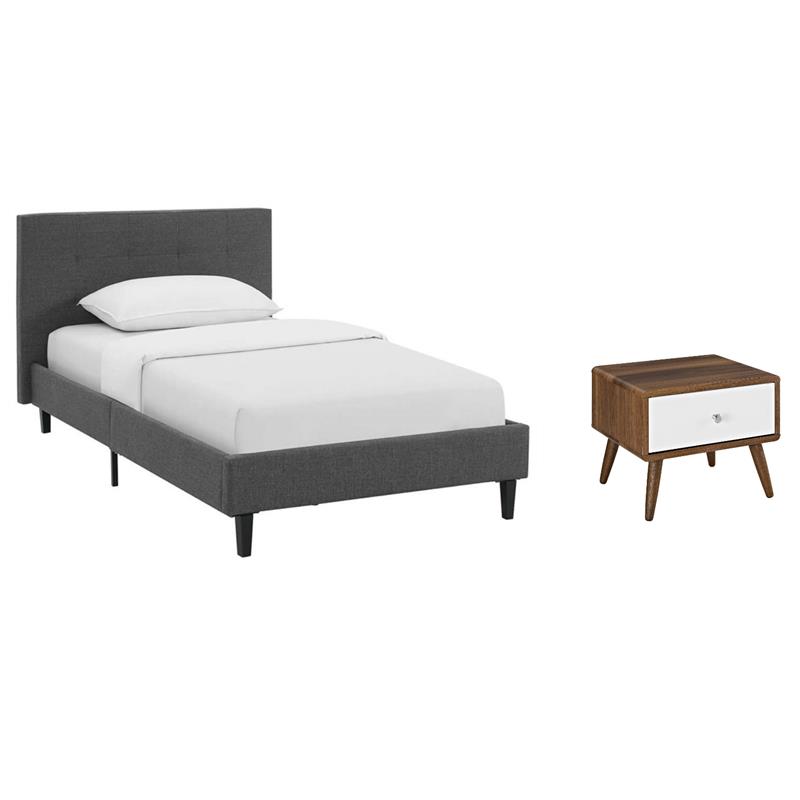 Pemberly Row Set of 2 Gray Twin Platform Bed and Nightstand in Walnut/White