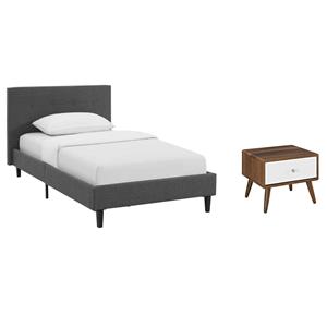 Pemberly Row Set of 2 Gray Twin Platform Bed and Nightstand in Walnut/White