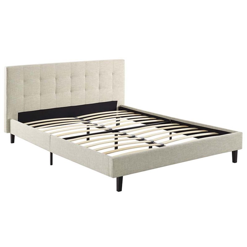 Pemberly Row Set of 2 Full Modern Bed in Beige and Nightstand in Walnut/White