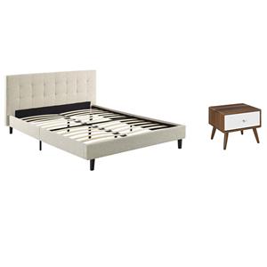 Pemberly Row Set of 2 Full Modern Bed in Beige and Nightstand in Walnut/White