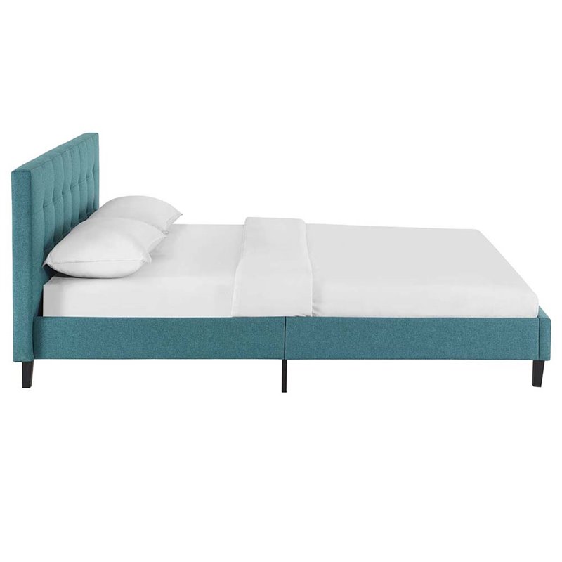 Pemberly Row Set of 2 Queen Modern Bed in Teal Blue & Nightstand in Walnut/White