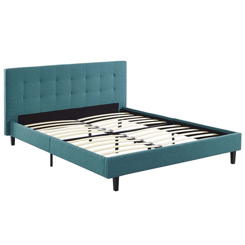 Pemberly Row Set of 2 Queen Modern Bed in Teal Blue & Nightstand in Walnut/White